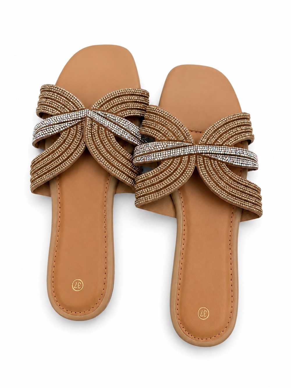 Embellished Tan Slide Sandals with Crystal Straps